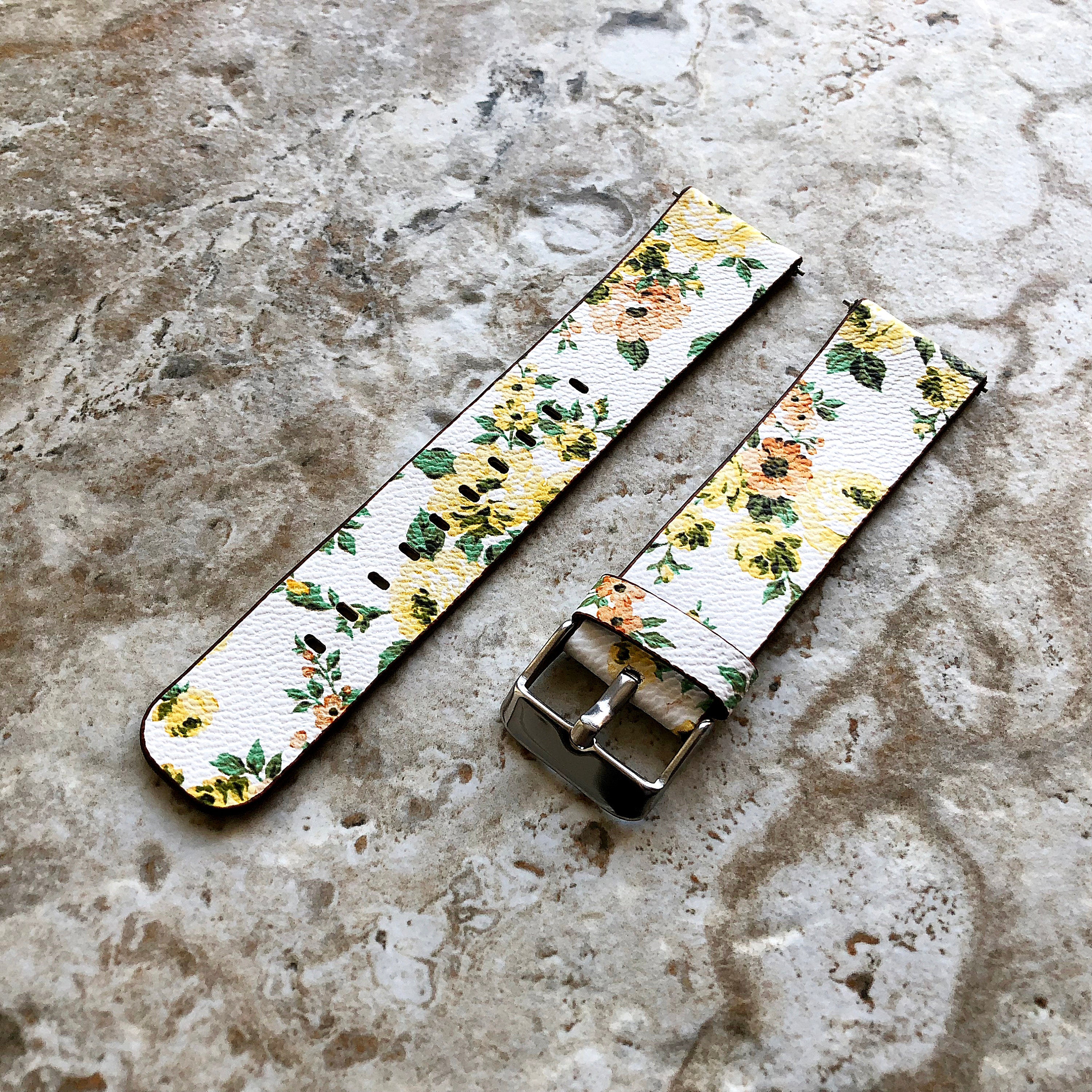 22mm Width Yellow Floral FL-1 Soft Leather Watch Strap Band for Wrist Hand Watches - Quick Release Pins Included Easy and Ready to Attach